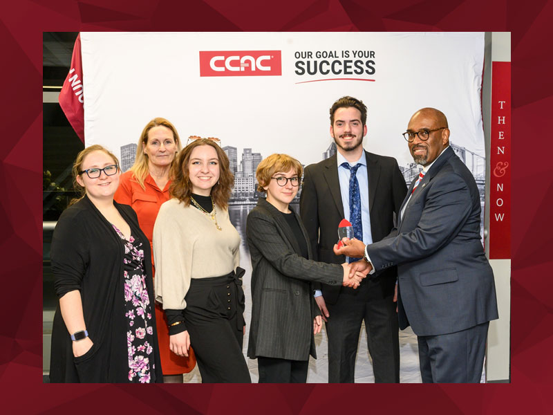 Pictured from left to right: Patricia Donehue (CCAC Faculty mentor); Anne Duffy (CCAC Faculty mentor);Faith Dunn, CCAC Student & SSEP Team member; Maya Burns, CCAC Student & SSEP Team member; Connor McDonagh, CCAC Student & SSEP Team member; and Dr. Quinton Bullock, CCAC President